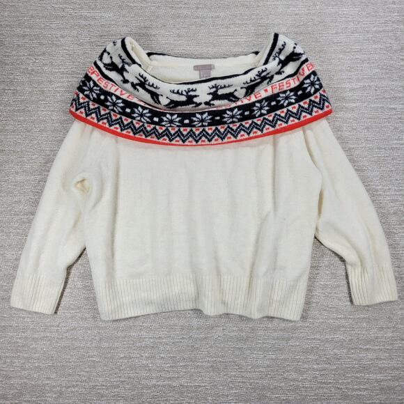H&M Festive Reindeer Sweater Womens L White Off The Shoulder Holiday Christmas - Picture 9 of 16